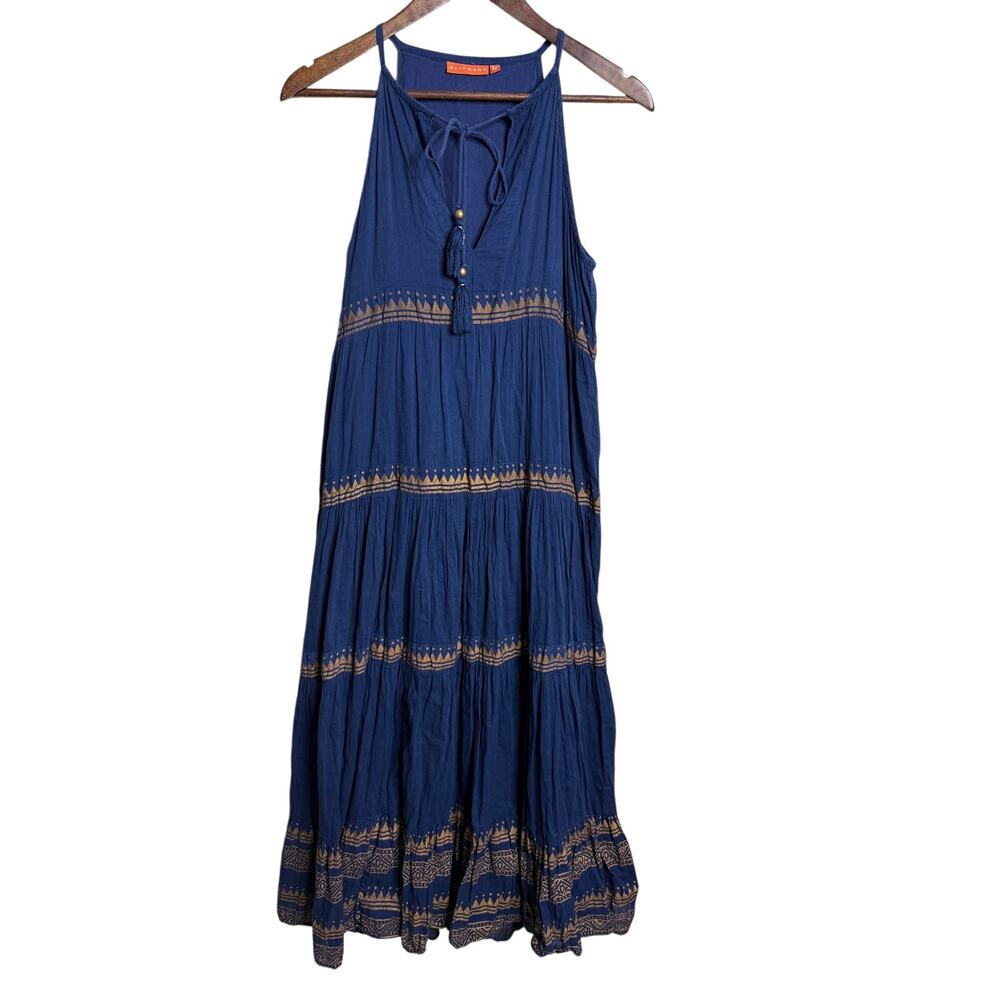 Oliphant Blue Gold Metallic Geometric Tiered Tassel Cotton Maxi Dress M